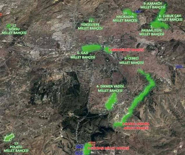  ankaya (Kanal Ankara Projesi)  <br>   Yenimahalle (Gazi Millet Bahesi)  <br>   Altnda (Payamltepe Millet Bahesi, ubuk ay Millet Bahesi, Karaky Millet Bahesi)  <br>   Mamak (Kbrs Kanyonu)   <br>   Glba (Mogan Gl) <br>   Polatl (Kargal Glet Alan)   <br>   Kahramankazan (Kldar Orman)  <br>   Beypazar (Karaar - Eriova Yaylalar)  <br>   Kzlcahamam (Ulucak Yaylas, Ik Da - Karagl)   <br>   Gdl (Sorgun Yaylas)  <br>   Aya (anll Gl) <br>   ubuk (Karagl)   <br>   amldere (Alu Da)<br>   Bala (Kesikkpr Baraj)<br>   Nallhan (Uyuzsuyu elalesi, Hoebe Ormanlar, Ku Cenneti   