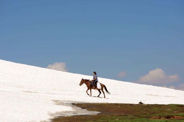 Ko Tepesi eteklerinde atyla yaylaya ulamaya alan gen bir kadn. 