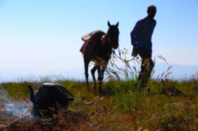 Sabah kahvalts iin yakt ate stnde ay demleyen bir kyl, bir taraftan da almak iin atn hazrlyor.  