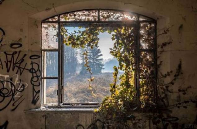 Bob Ross'un ellerinden km gibi bir manzaraya sahip olan terk edilmi bir akl hastanesi.        