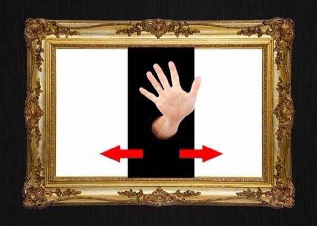 Bir sihirbaz, bir eli ayna veya camdan ge�irmek i�in �zel olarak kesilmi� eleklere ihtiya� duyar. Arka ekran 2 ayna panelini kaplar.  <br><br>  Performans ba�lad���nda, b�t�n yap� ger�ek aynay� arka tarafa kayd�r�r ve ikinci sahte ayna panelini ileriye do�ru hareket ettirir. �imdi bir eli aynadan sokmak i�in bir alan var. Performans�n sonunda asistanlar ger�ek aynay� �n y�ze tekrar kayd�rd�. 