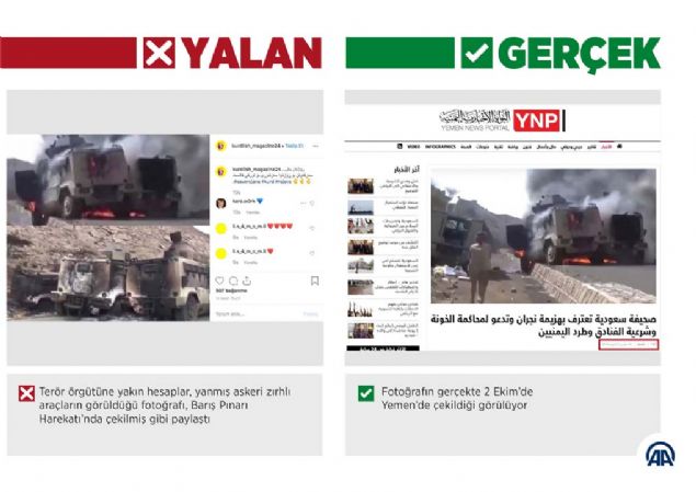 YPG/PKK yanls bir hesap, Suriye'nin Tel Abyad kentinde 'Trk Ordusu'na ait  tankn imha edildii' yalanyla alevler iinde bir zrhl personel tayc fotorafn sosyal medyada paylat. Fotorafn aslnda, Irak'n Samara kentinde Nisan 2007'de ekildii anlald.   