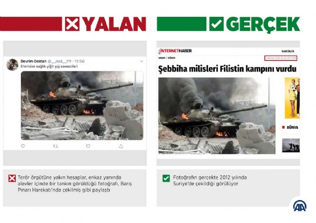Yine alevler iinde kalm Suriye'de 2012 ylndan bir fotoraf dolama sokan bir hesap da grnty, harekat srasnda kaydedilmi gibi yanstmaya abalad.  <br><br>  Terr rgt yanls bir hesap enkaz yannda alevler iinde bir tankn grld kareyi sosyal medyaya harekatta ekilmi gibi ykledi. Ancak ayn fotorafn Suriye'de kaydedildii Austos 2012'de baka bir mecrada yaynland grld.   