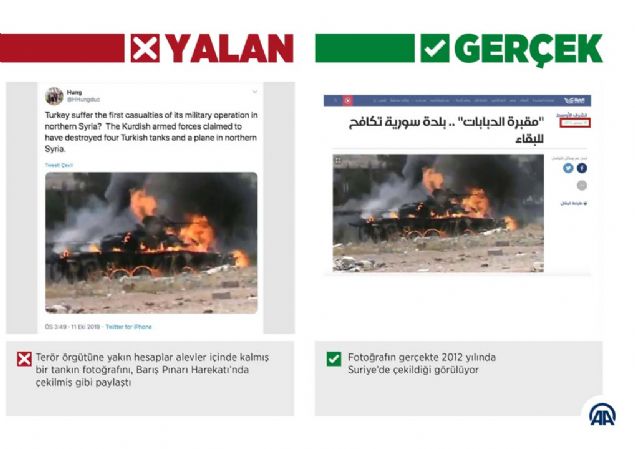 Bar Pnar Harekat'nn ilerlemesiyle YPG/PKK terr rgt yanllarnn sosyal medyada, baka olaylarda ve zamanlarda ekilmi grntleri maniple etme abas 'alev iindeki, yanm askeri aralar ve tanklarn' kareleriyle devam etti.   